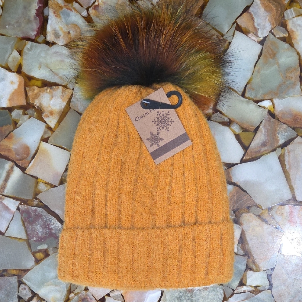 Classic Kids' Mustard Knit Hat with Faux Fur Pom